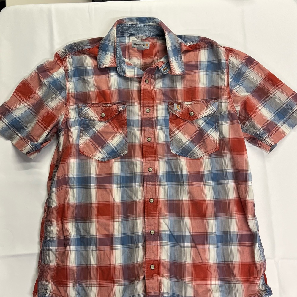 Men’s Large Tall Carhartt short sleeve pearl snap plaid shirt, red, blue, white